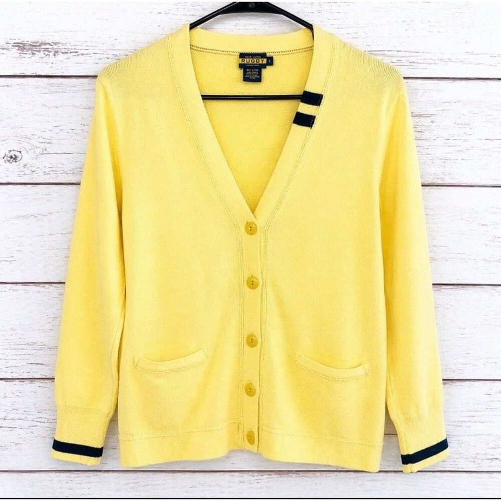 Ralph Lauren Rugby Womens Cardigan L Yellow Cotton Button Preppy Collegiate B72